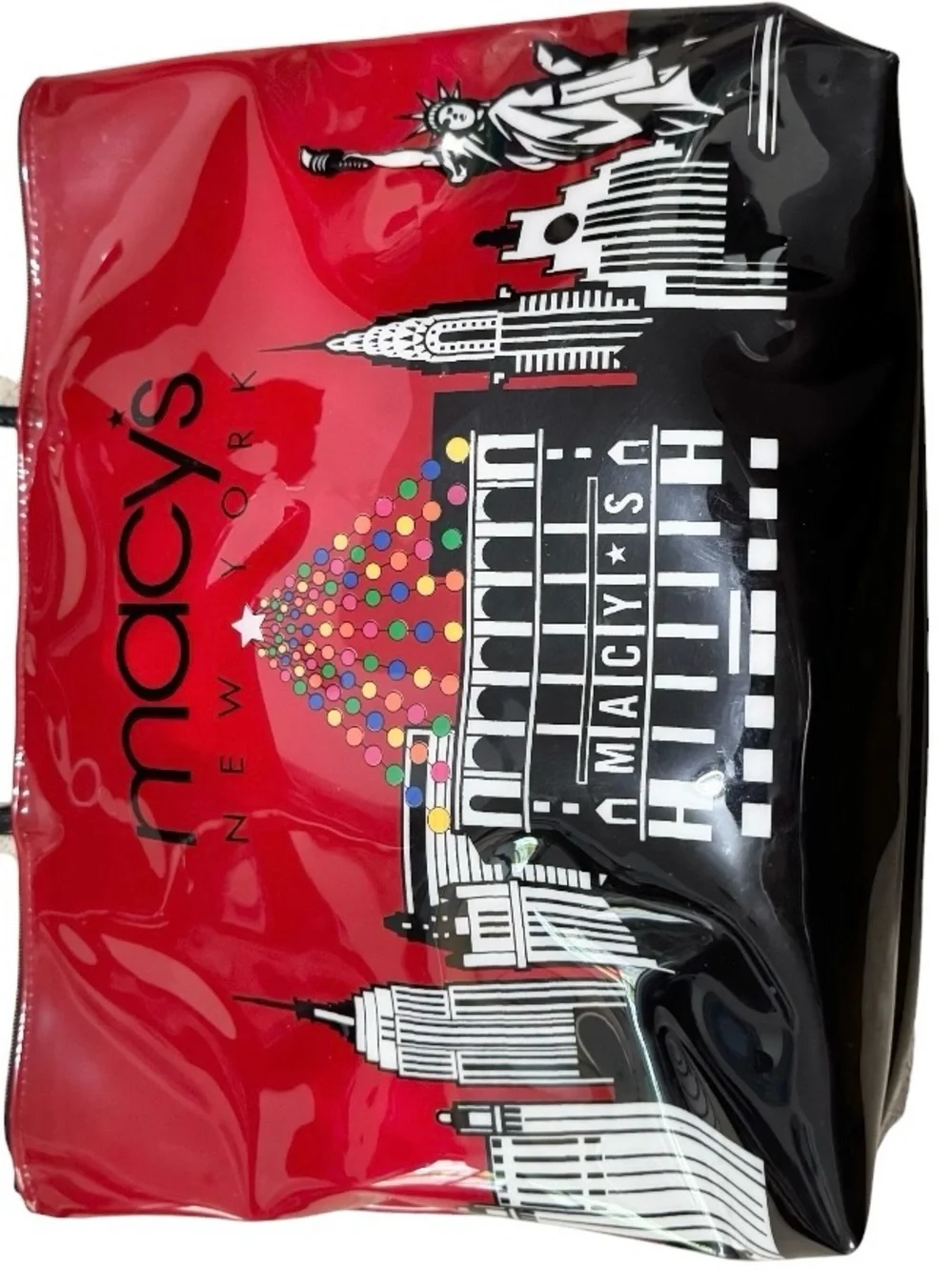 Macy's Red & Black Patent Cityscape Tote w/ Macy's Christmas Tree